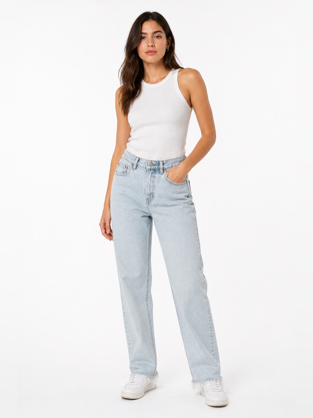 H&M Light Wash Straight Leg Jeans Frayed Hem Size 8